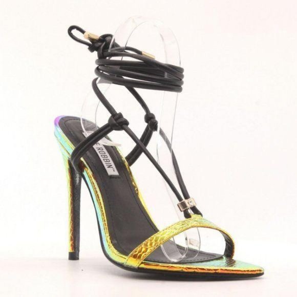 Mermaid Metallic & Black Ankle Wrap Heels - Picture 9 of 11